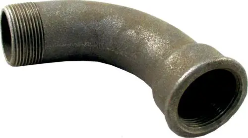 Grau metallisches Rohr mit einem 90-Grad-Bogen, mit innenliegenden Gewinden an beiden Enden. Hersteller ist Wolf.